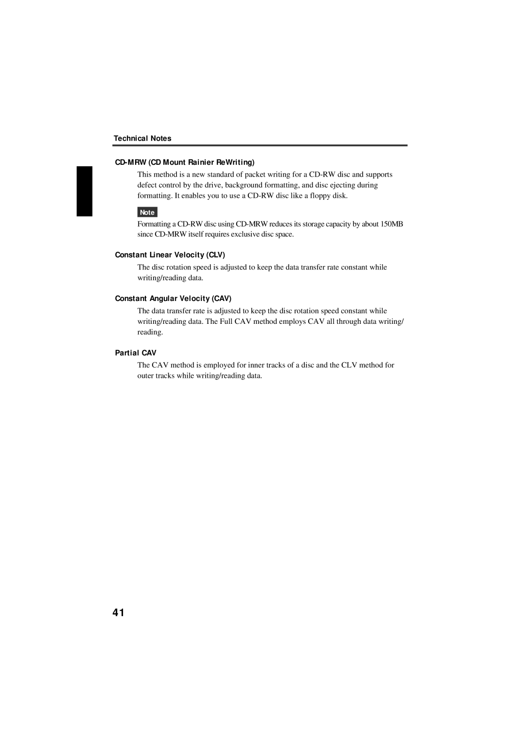 Yamaha CRW-F1SX manual Technical Notes CD-MRW CD Mount Rainier ReWriting, Constant Linear Velocity CLV, Partial CAV 