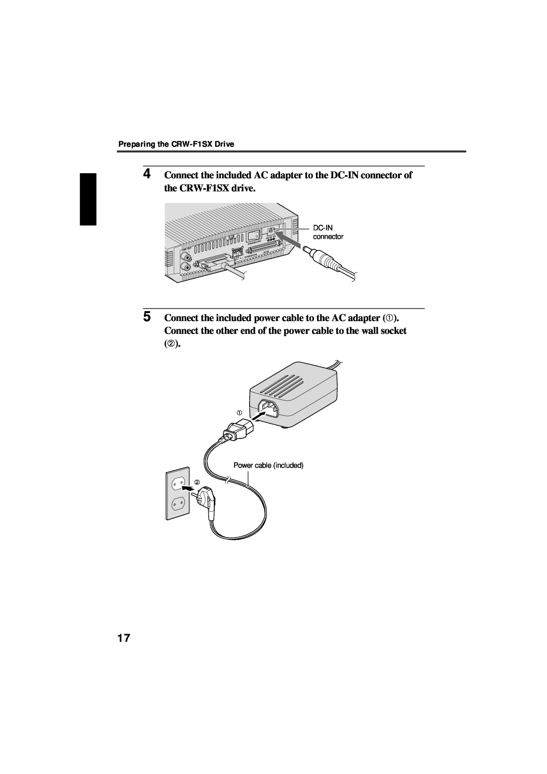 Yamaha manual Connect the included power cable to the AC adapter ➀, Preparing the CRW-F1SX Drive, DC-IN connector 
