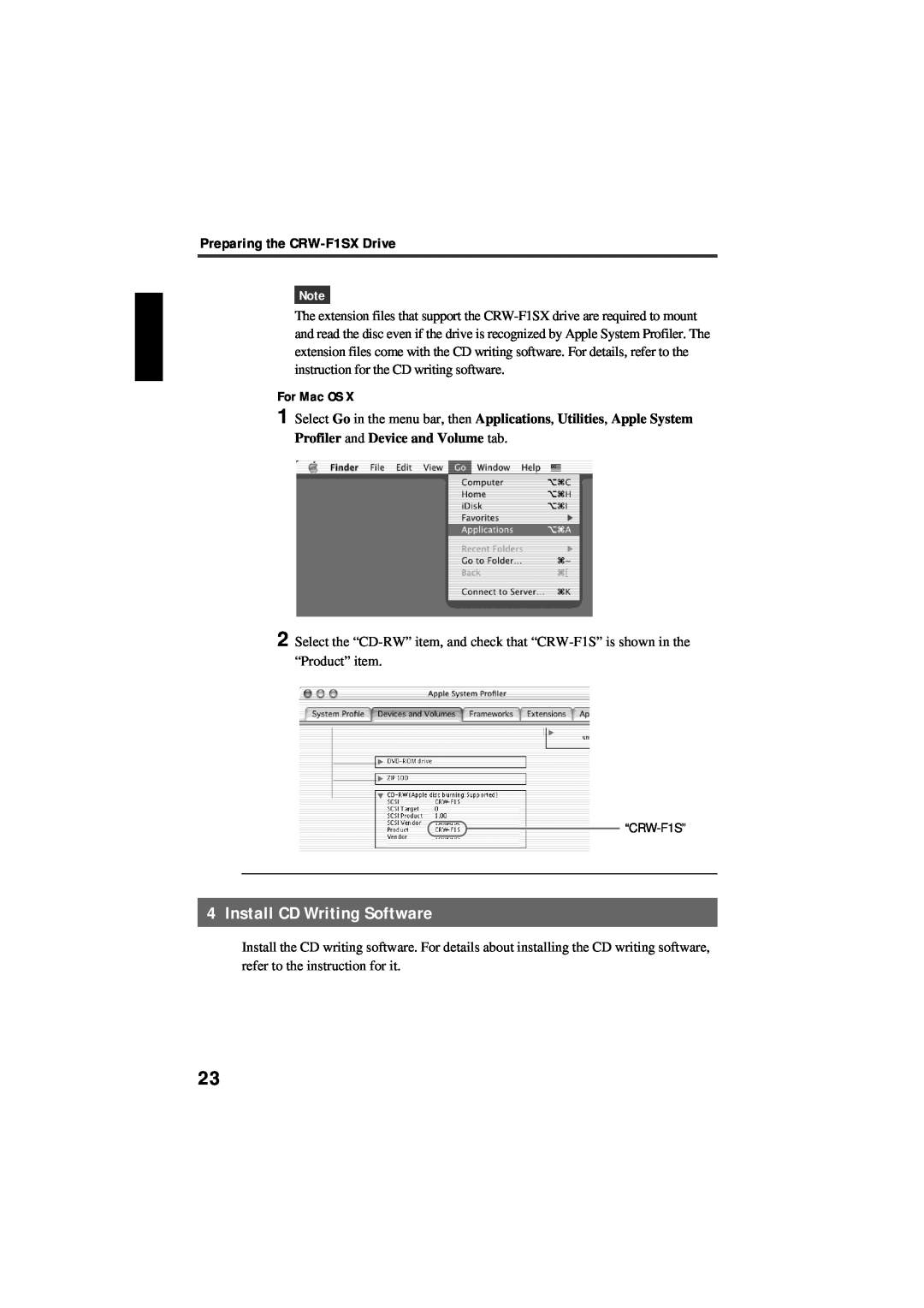 Yamaha manual Install CD Writing Software, Preparing the CRW-F1SX Drive, For Mac OS 