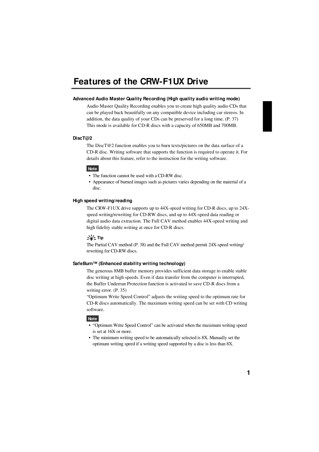 Yamaha manual Features of the CRW-F1UX Drive, DiscT@2, High speed writing/reading, Tip 