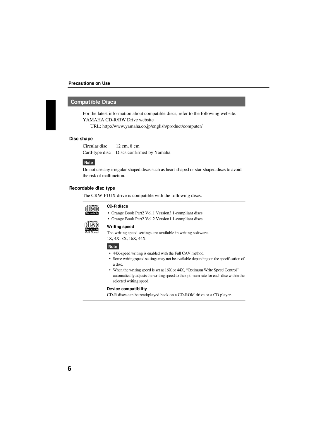 Yamaha CRW-F1UX manual Compatible Discs, Disc shape, Recordable disc type 