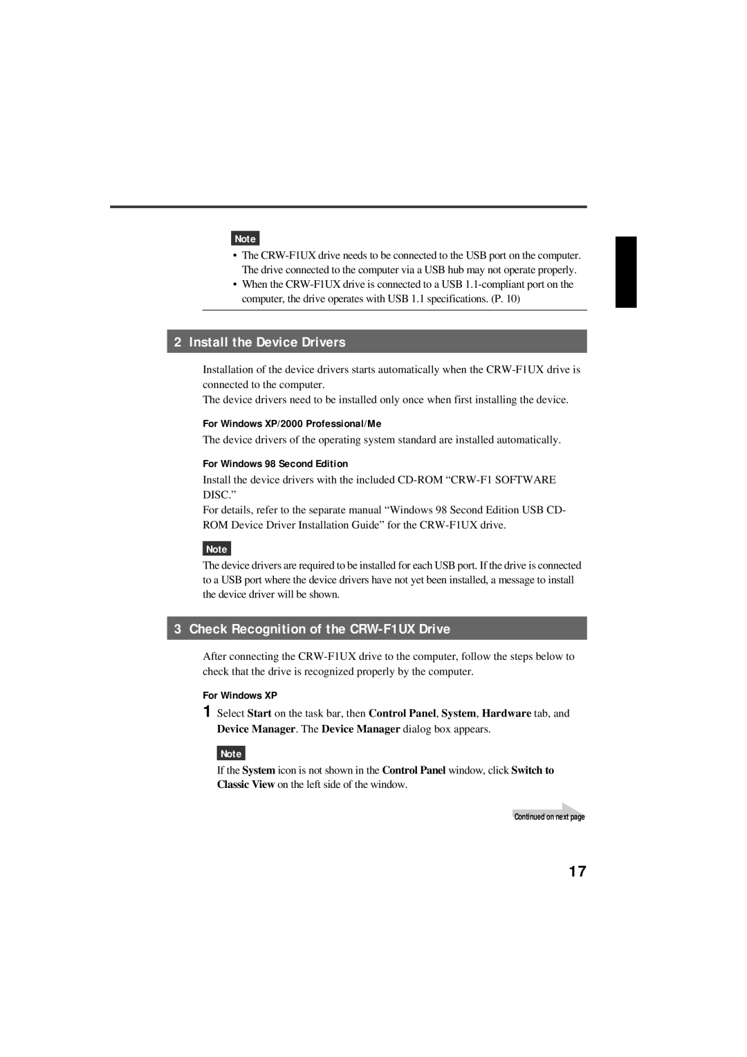 Yamaha manual Install the Device Drivers, Check Recognition of the CRW-F1UX Drive, For Windows XP/2000 Professional/Me 