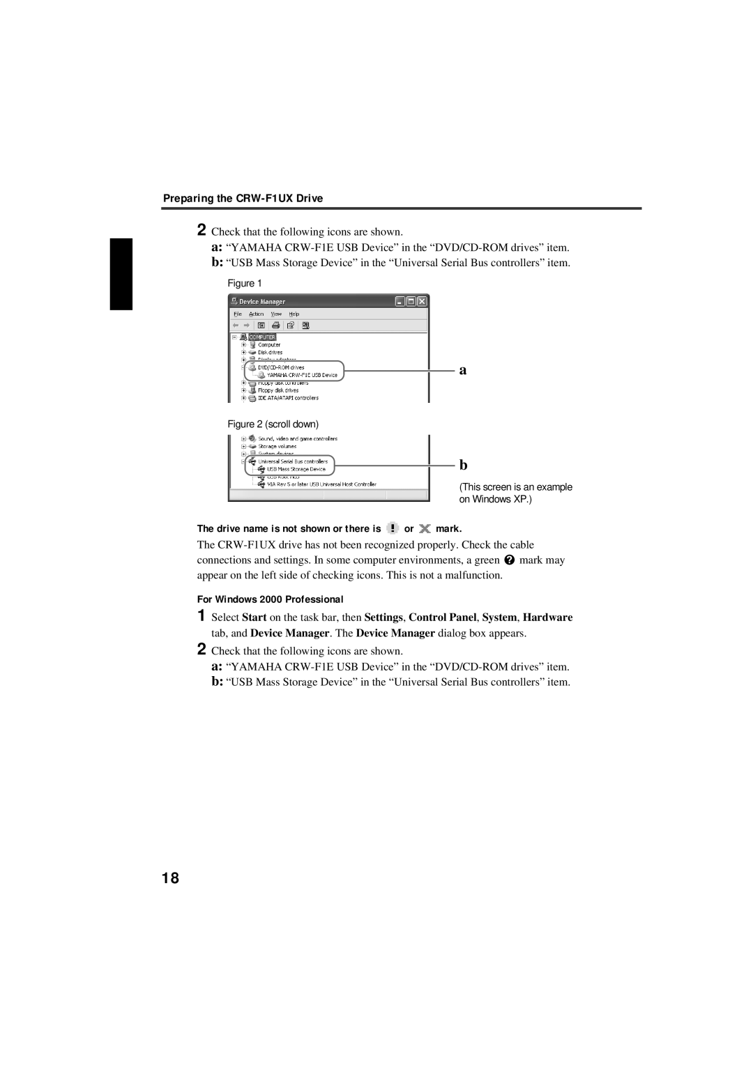 Yamaha CRW-F1UX manual Drive name is not shown or there is or mark, For Windows 2000 Professional 