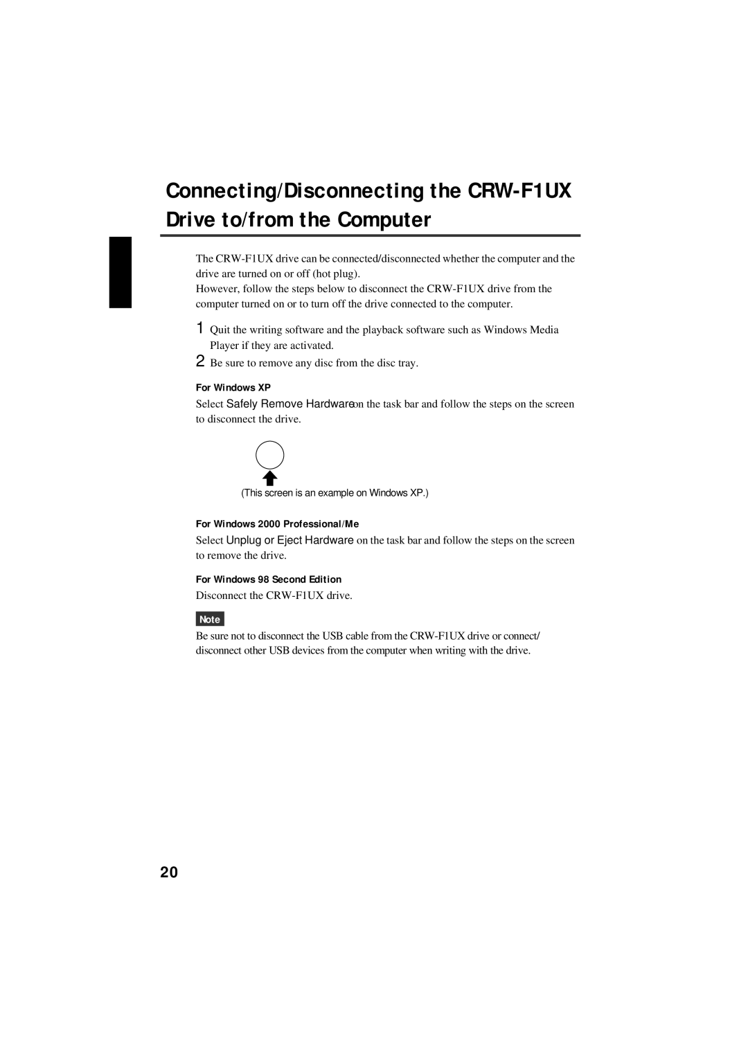 Yamaha manual For Windows 2000 Professional/Me, Disconnect the CRW-F1UX drive 