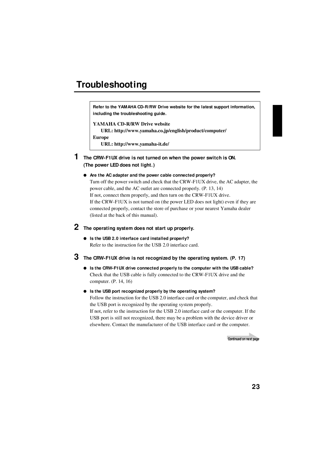 Yamaha CRW-F1UX manual Troubleshooting, Operating system does not start up properly 