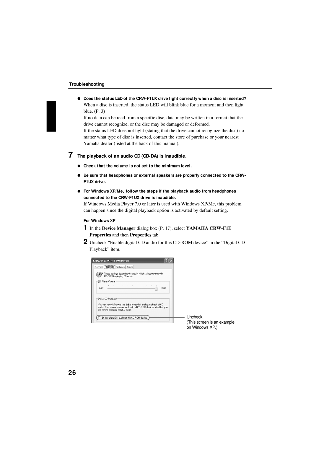 Yamaha CRW-F1UX manual Playback of an audio CD CD-DA is inaudible, For Windows XP 