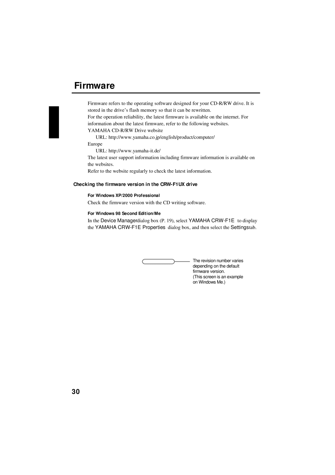 Yamaha manual Firmware, Checking the firmware version in the CRW-F1UX drive, For Windows XP/2000 Professional 