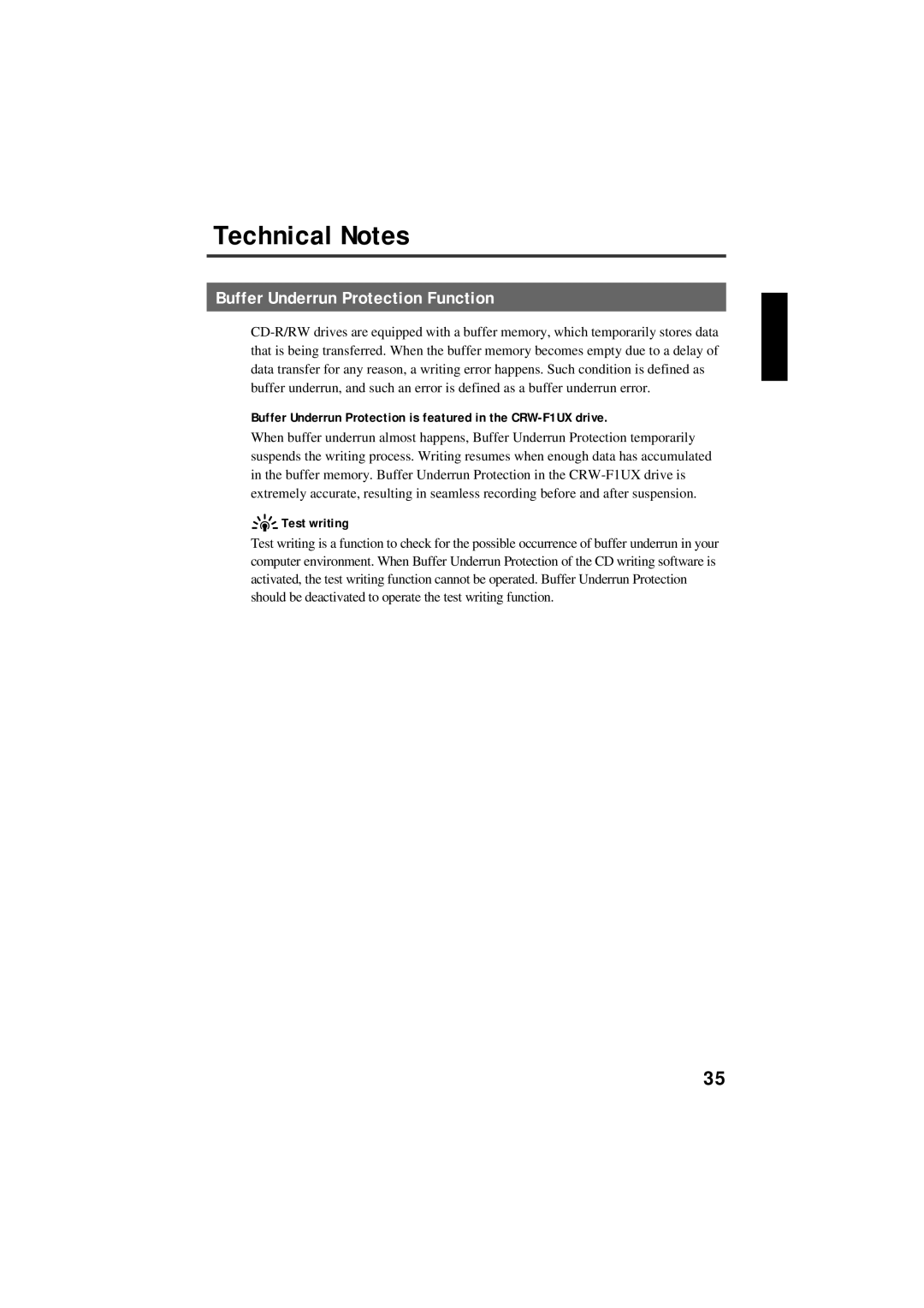 Yamaha CRW-F1UX manual Technical Notes, Buffer Underrun Protection Function, Test writing 