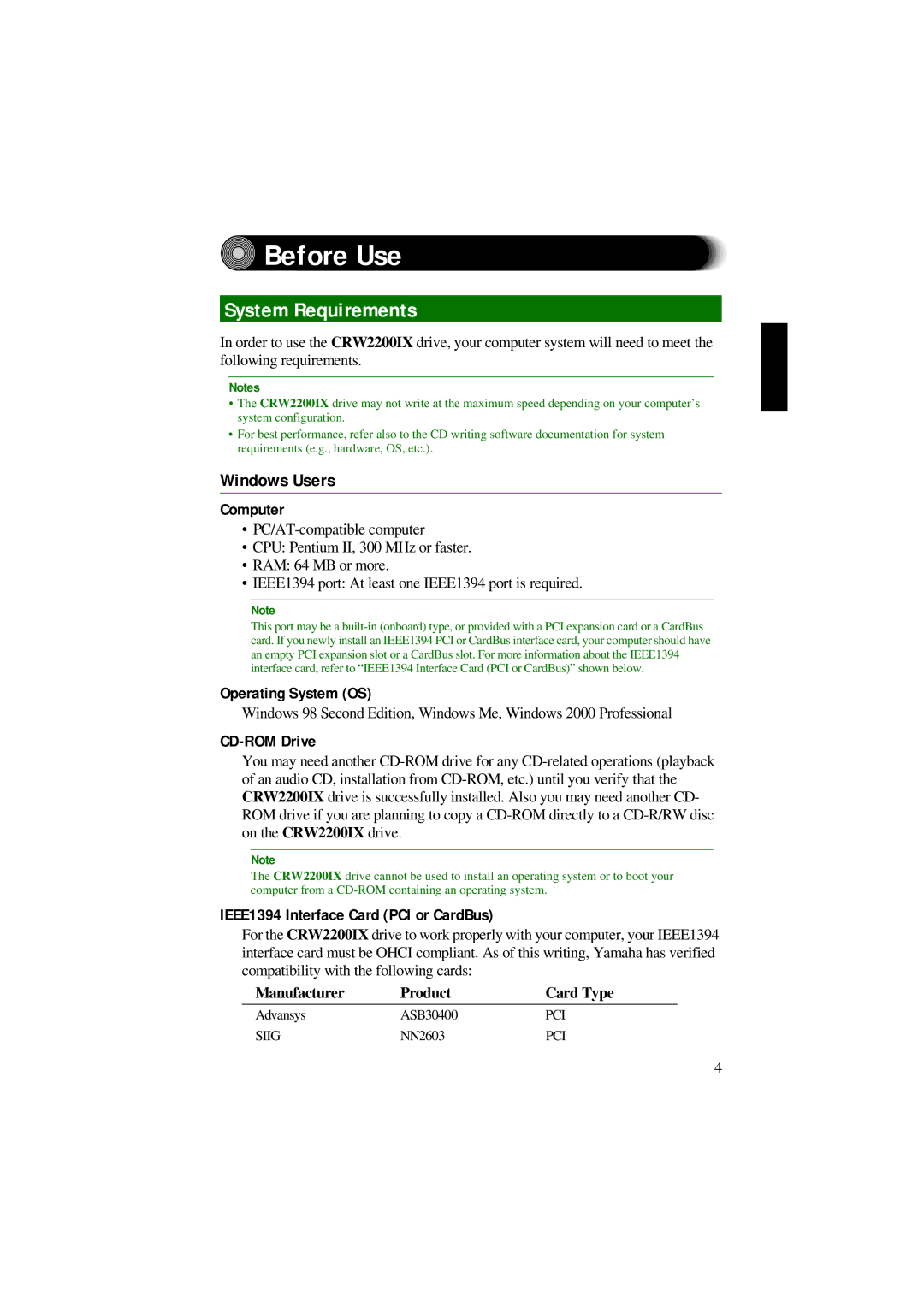 Yamaha CRW2200IX manual Before Use, System Requirements, Windows Users 