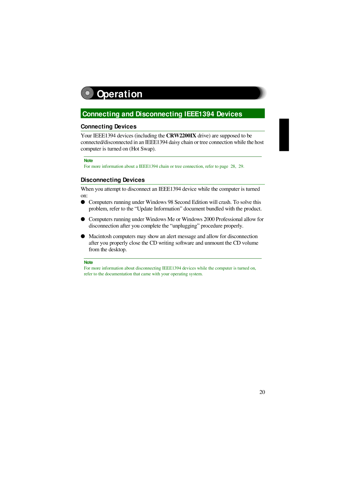 Yamaha CRW2200IX manual Operation, Connecting and Disconnecting IEEE1394 Devices, Connecting Devices, Disconnecting Devices 