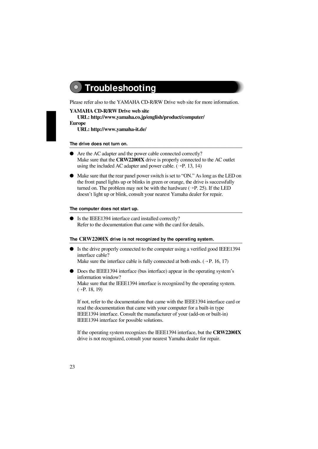 Yamaha CRW2200IX manual Troubleshooting, Yamaha CD-R/RW Drive web site, Drive does not turn on, Computer does not start up 