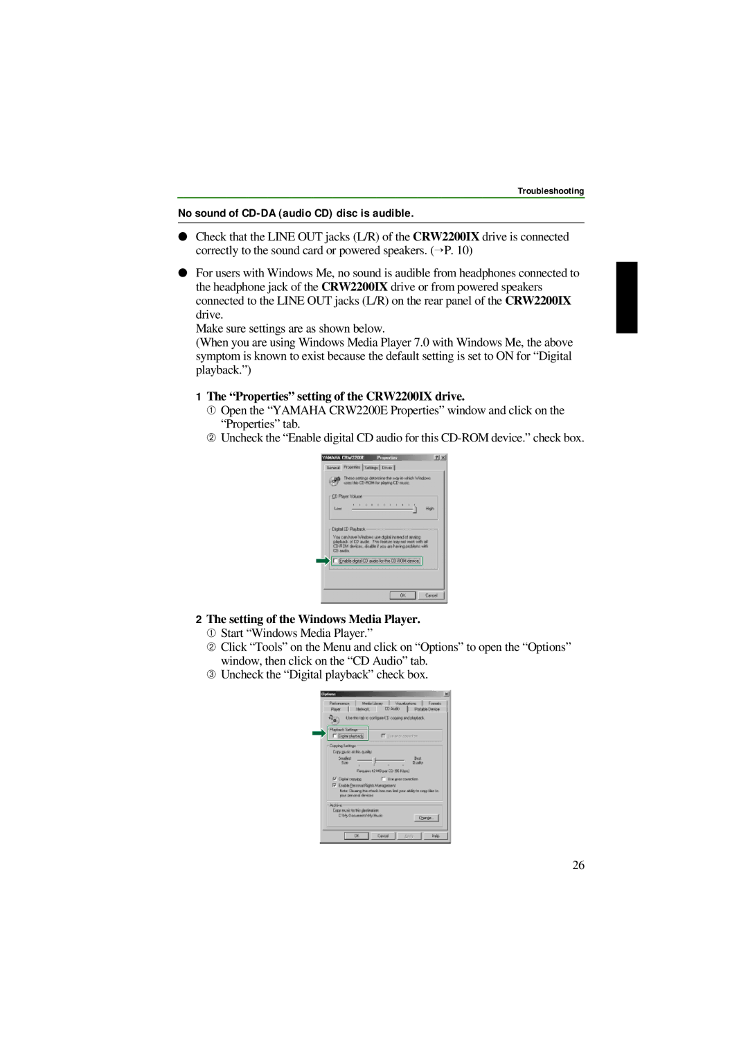 Yamaha manual No sound of CD-DA audio CD disc is audible, Properties setting of the CRW2200IX drive 