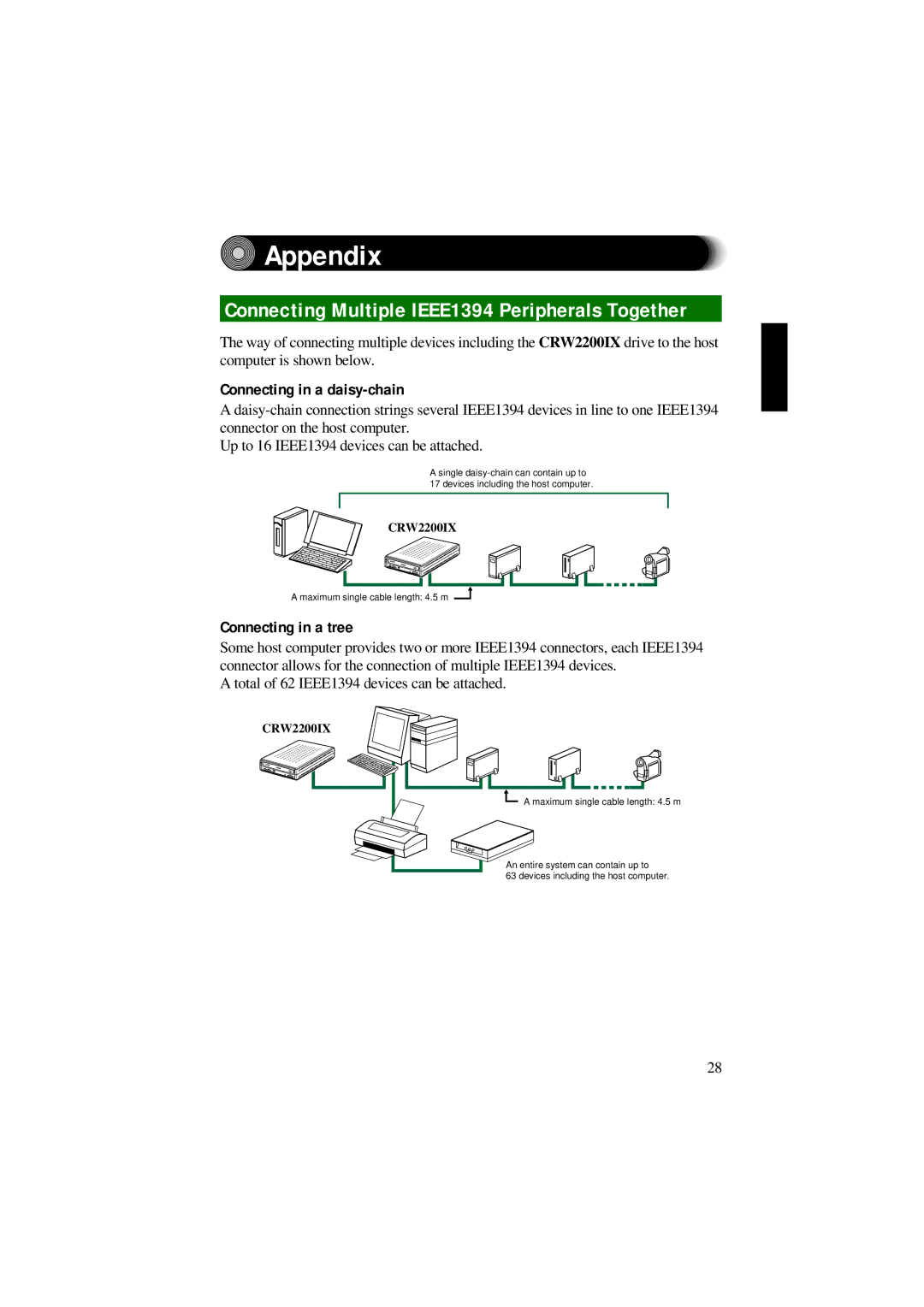 Yamaha CRW2200IX manual Appendix, Connecting Multiple IEEE1394 Peripherals Together, Connecting in a daisy-chain 