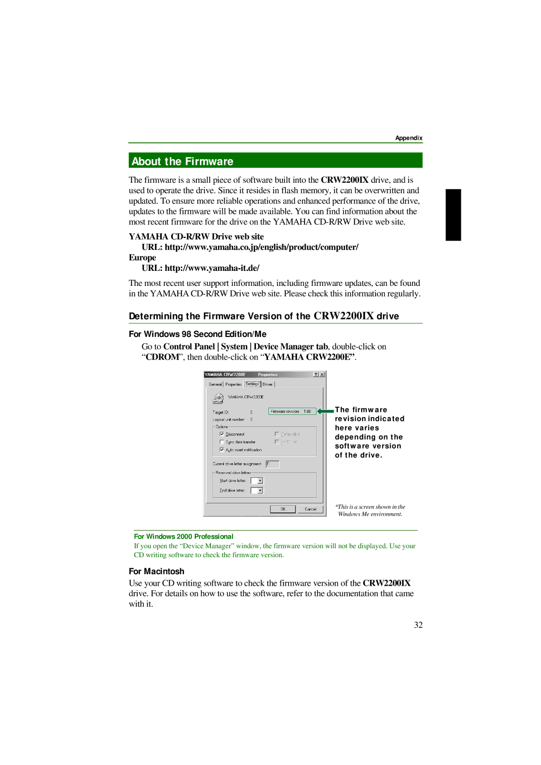 Yamaha manual About the Firmware, Determining the Firmware Version of the CRW2200IX drive, For Macintosh 