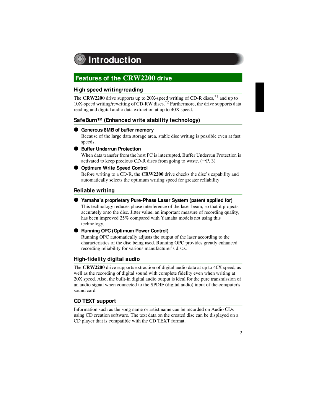 Yamaha CRW2200S manual Introduction, Features of the CRW2200 drive 