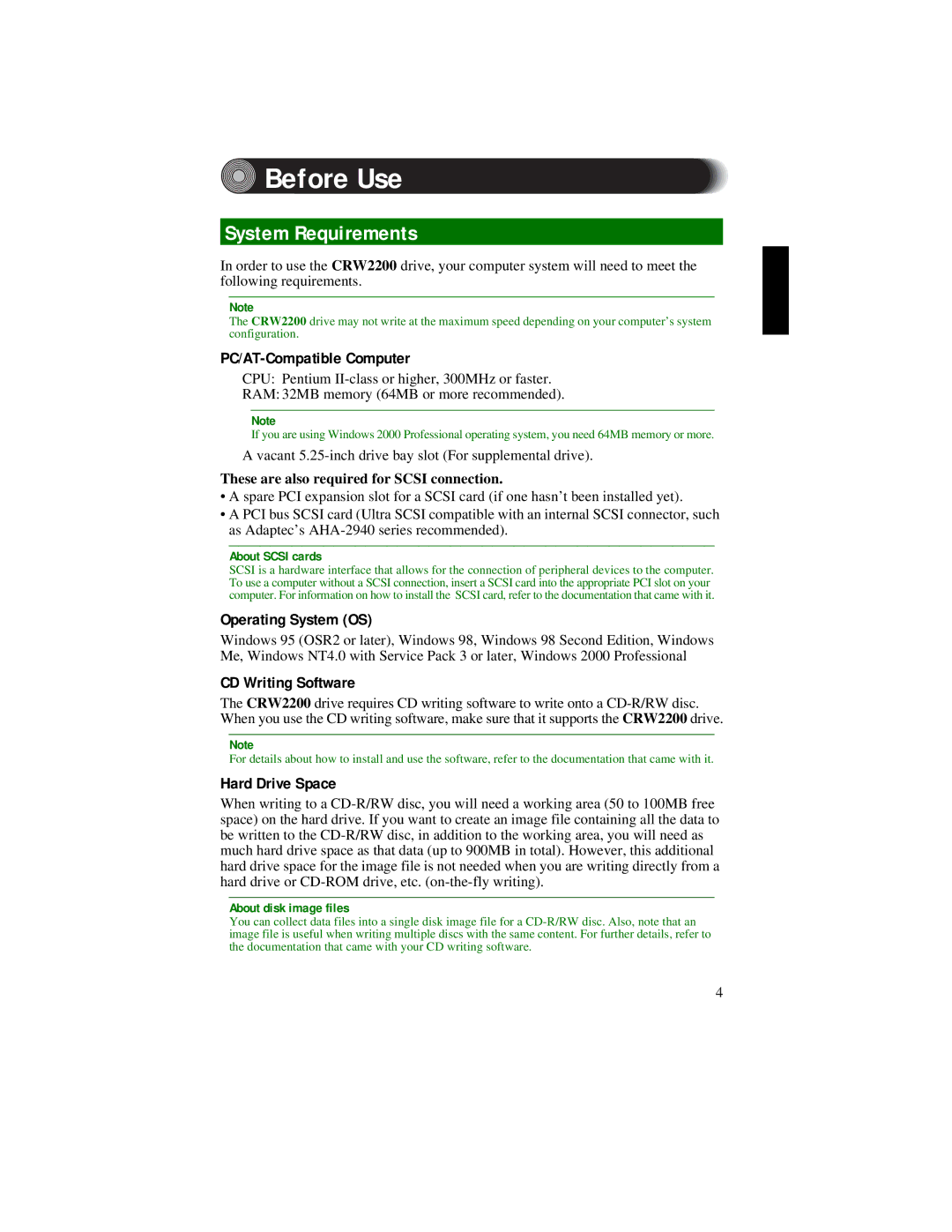 Yamaha CRW2200S manual Before Use, System Requirements, These are also required for Scsi connection 