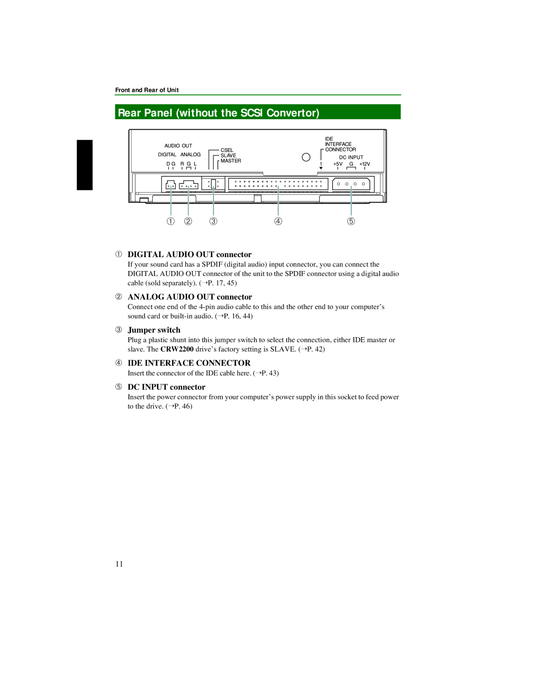 Yamaha CRW2200S manual Rear Panel without the Scsi Convertor, ➀ Digital Audio OUT connector, ➁ Analog Audio OUT connector 