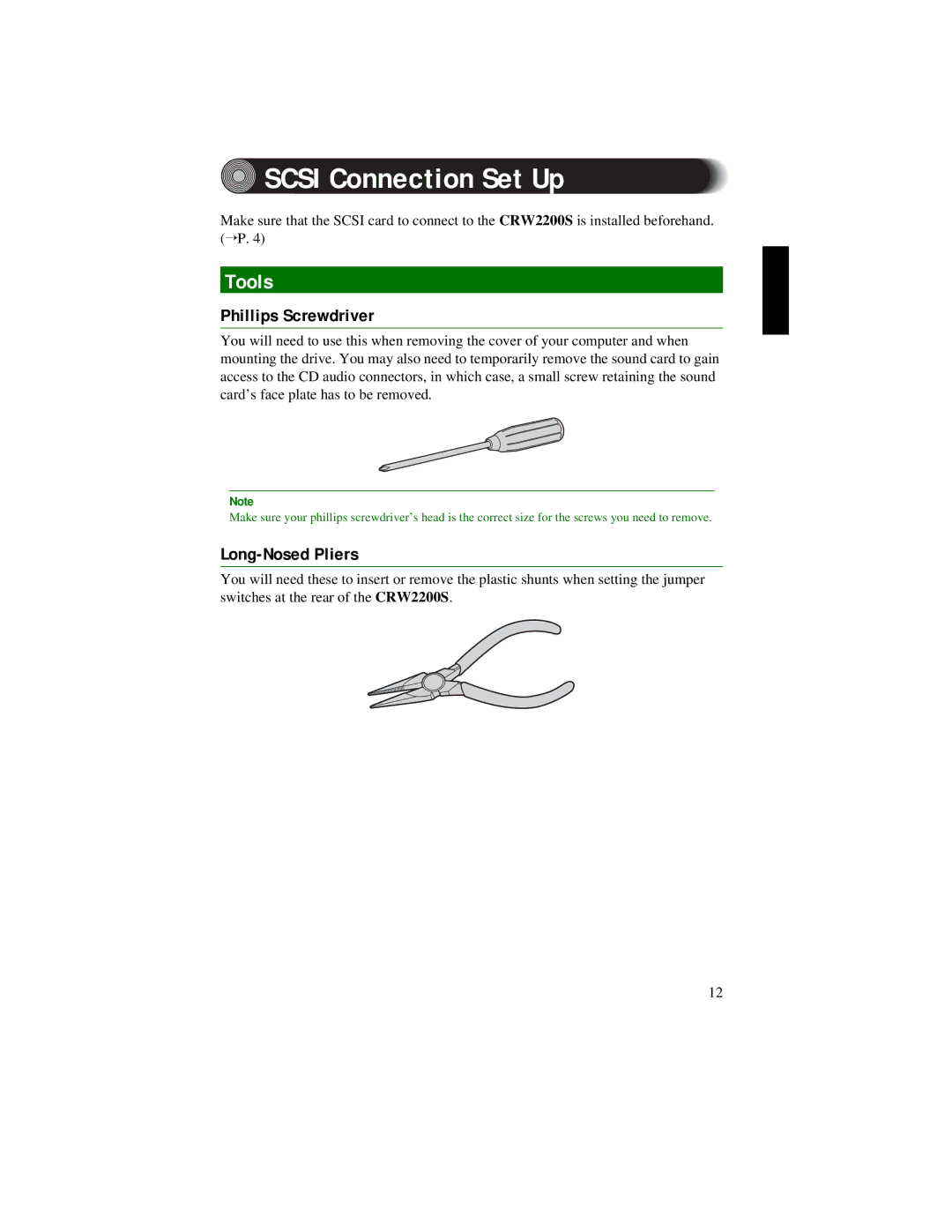 Yamaha CRW2200S manual Scsi Connection Set Up, Tools, Phillips Screwdriver, Long-Nosed Pliers 