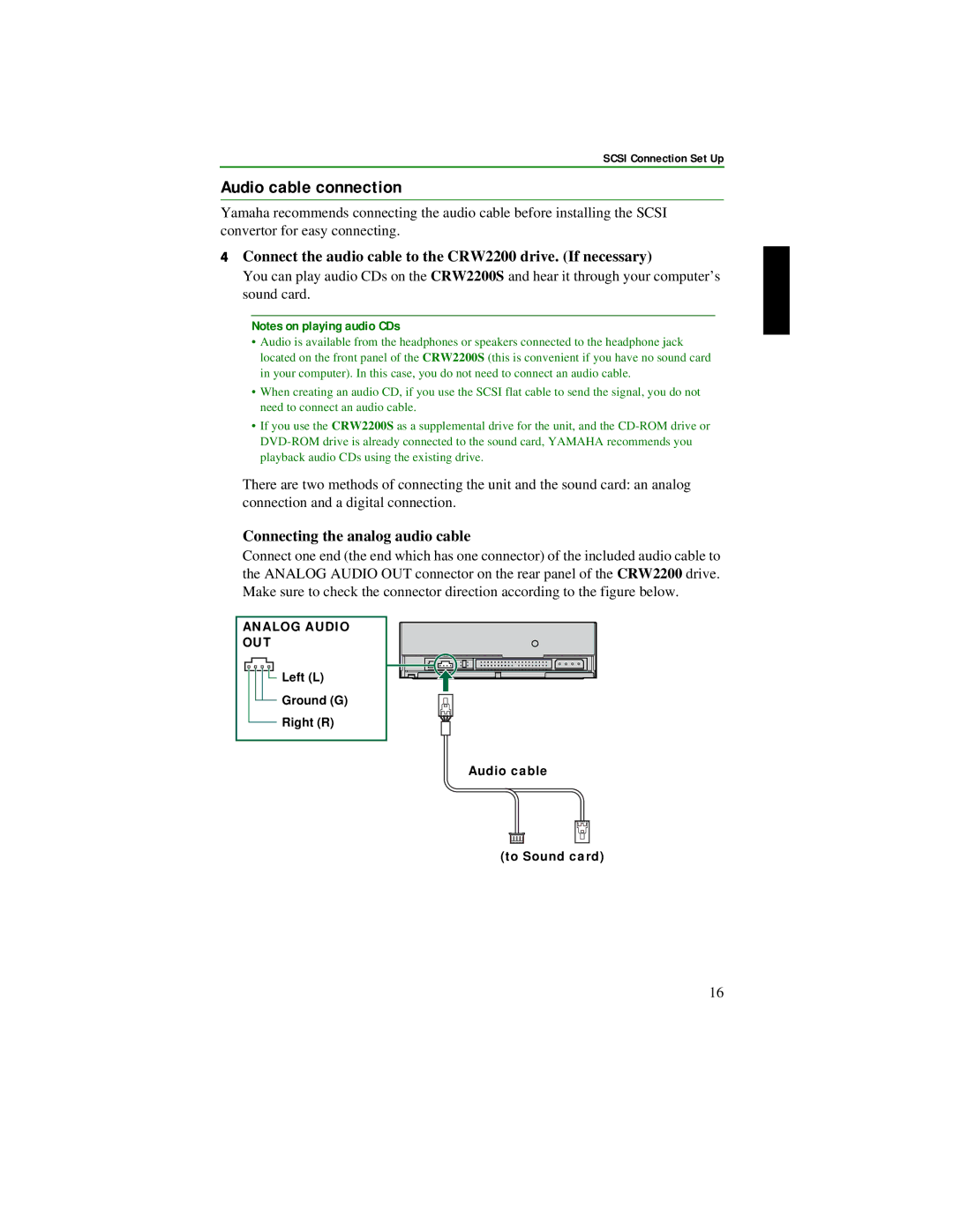 Yamaha CRW2200S manual Audio cable connection, Connect the audio cable to the CRW2200 drive. If necessary 