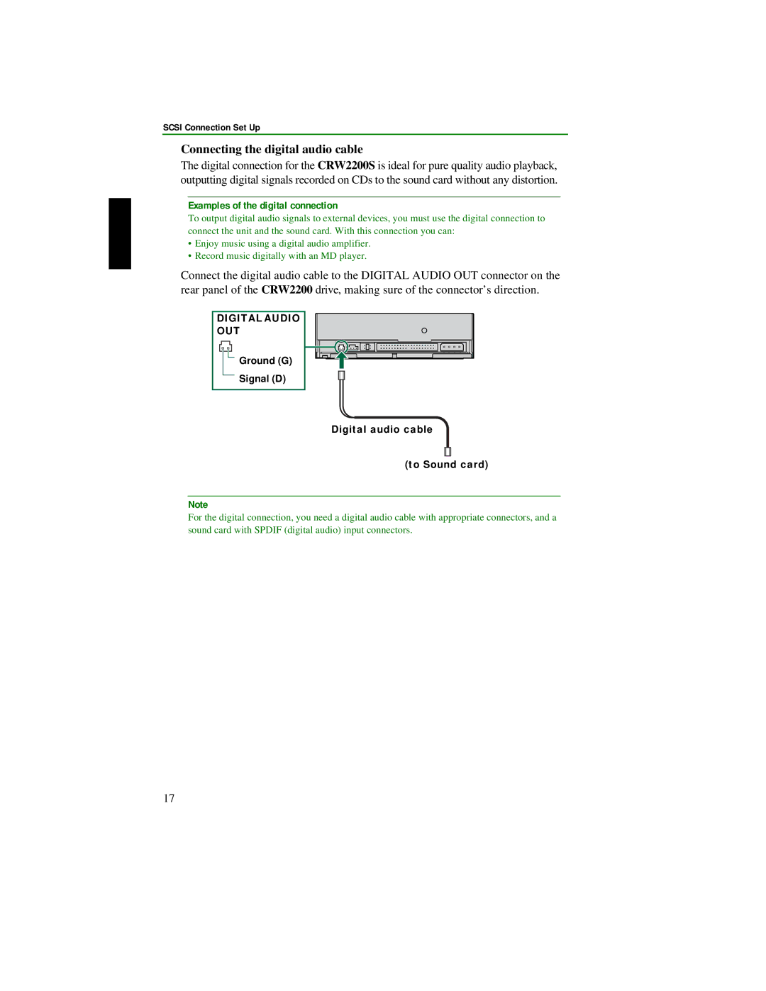 Yamaha CRW2200S manual Connecting the digital audio cable, Ground G Signal D Digital audio cable To Sound card 