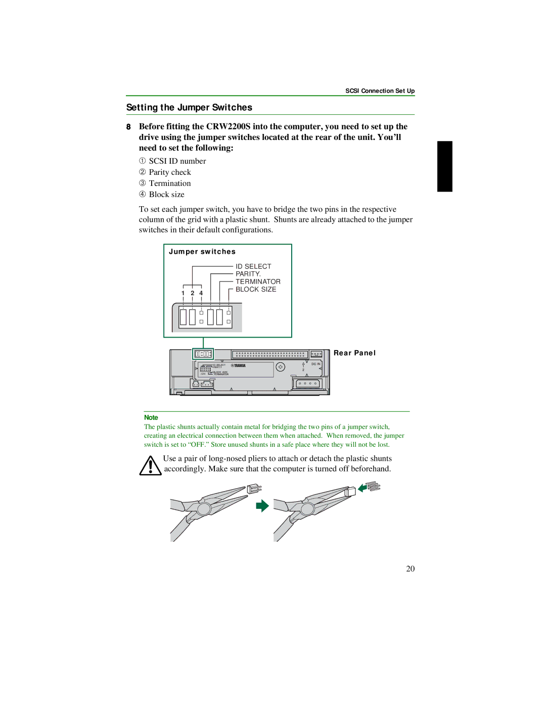 Yamaha CRW2200S manual Setting the Jumper Switches, Jumper switches, Rear Panel 