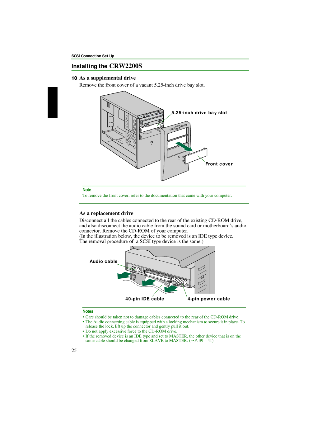 Yamaha manual Installing the CRW2200S, Inch drive bay slot Front cover, Audio cable Pin IDE cable Pin power cable 