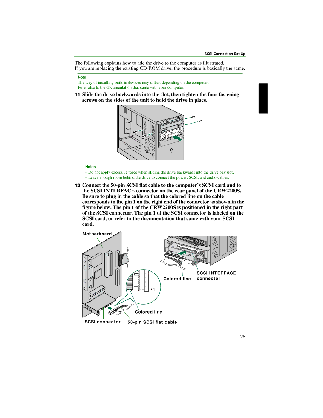 Yamaha CRW2200S manual Motherboard, Colored line connector Scsi connector 50-pin Scsi flat cable 