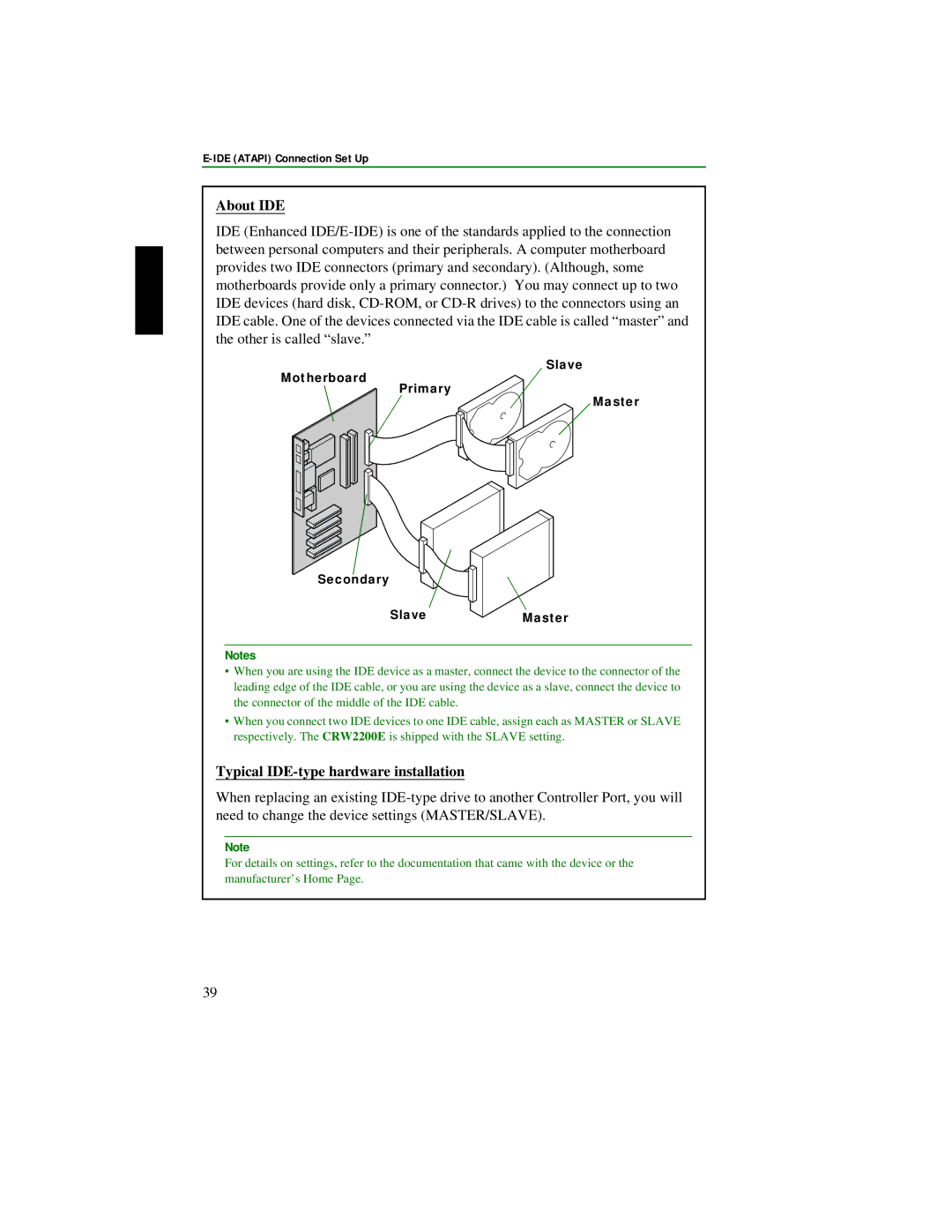 Yamaha CRW2200S About IDE, Typical IDE-type hardware installation, Slave Motherboard Primary Master Secondary SlaveMaster 