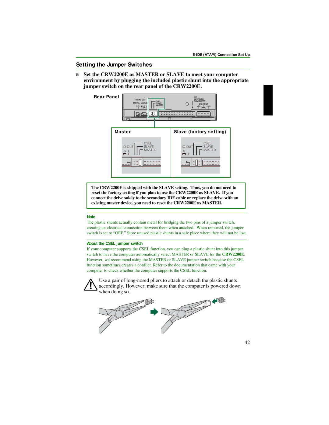 Yamaha CRW2200S manual About the Csel jumper switch, Rear Panel Master Slave factory setting 