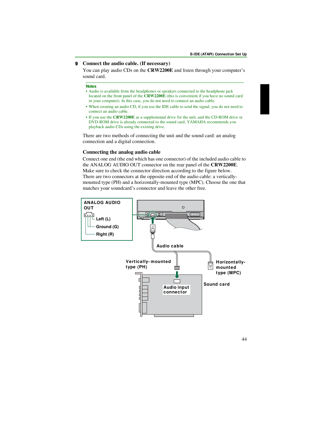 Yamaha CRW2200S manual Connect the audio cable. If necessary, Connecting the analog audio cable 