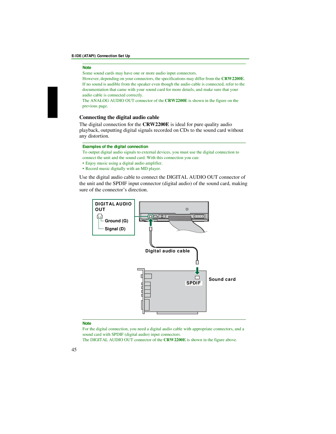 Yamaha CRW2200S manual Connecting the digital audio cable, Ground G Signal D Digital audio cable 