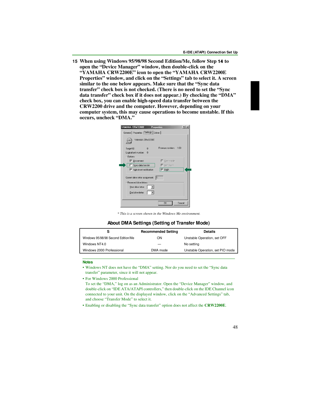 Yamaha CRW2200S manual About DMA Settings Setting of Transfer Mode 