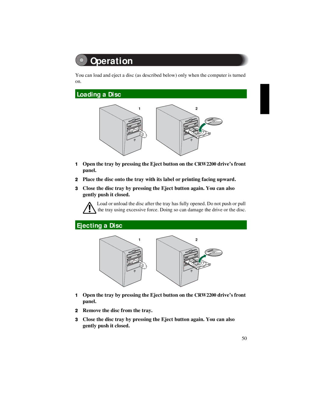 Yamaha CRW2200S manual Operation, Loading a Disc, Ejecting a Disc 