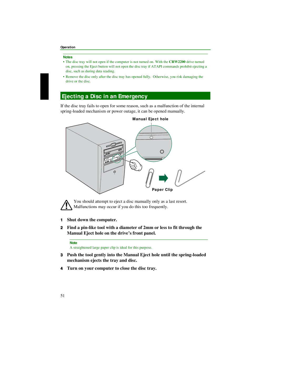 Yamaha CRW2200S manual Ejecting a Disc in an Emergency, Operation, Manual Eject hole Paper Clip 