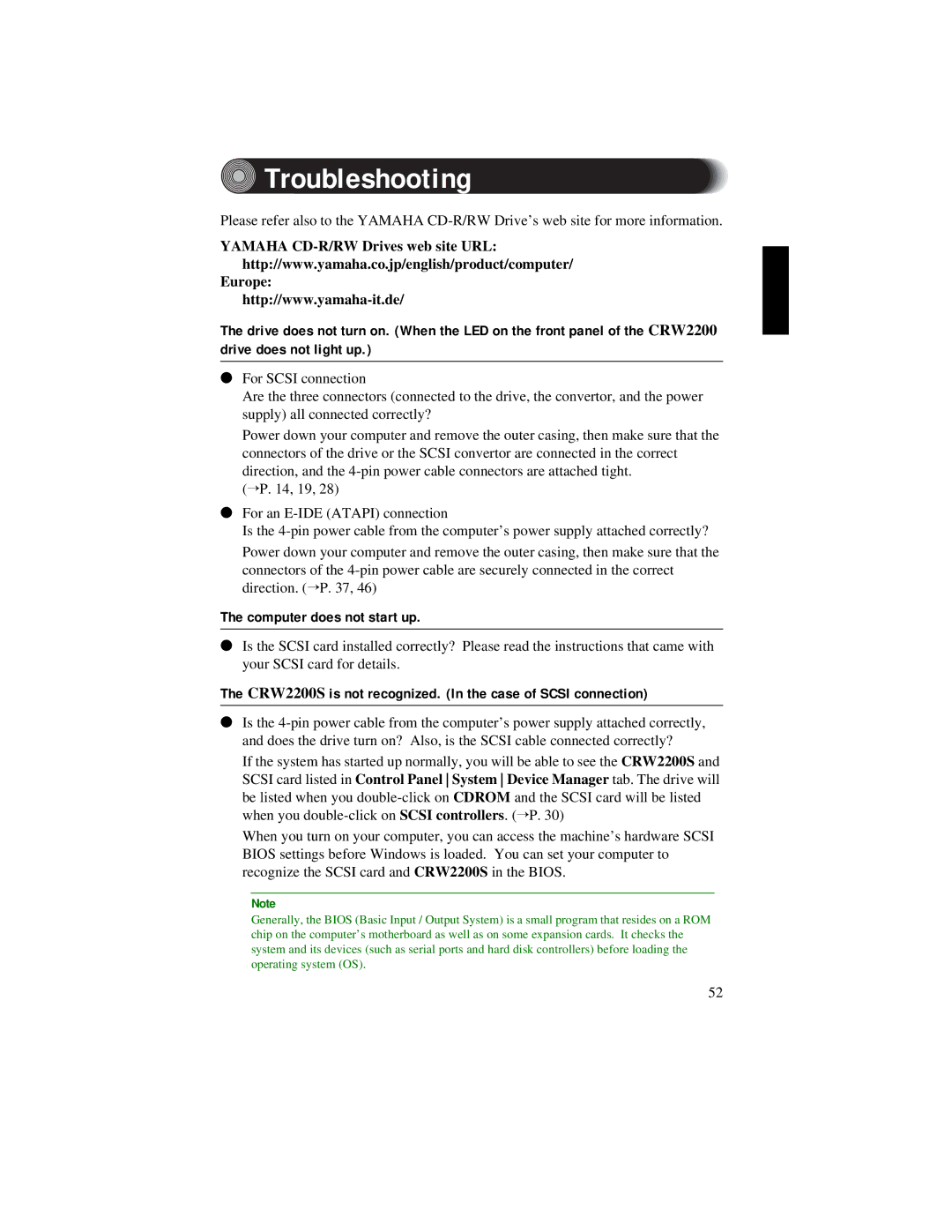 Yamaha CRW2200S manual Troubleshooting, Yamaha CD-R/RW Drives web site URL Europe 