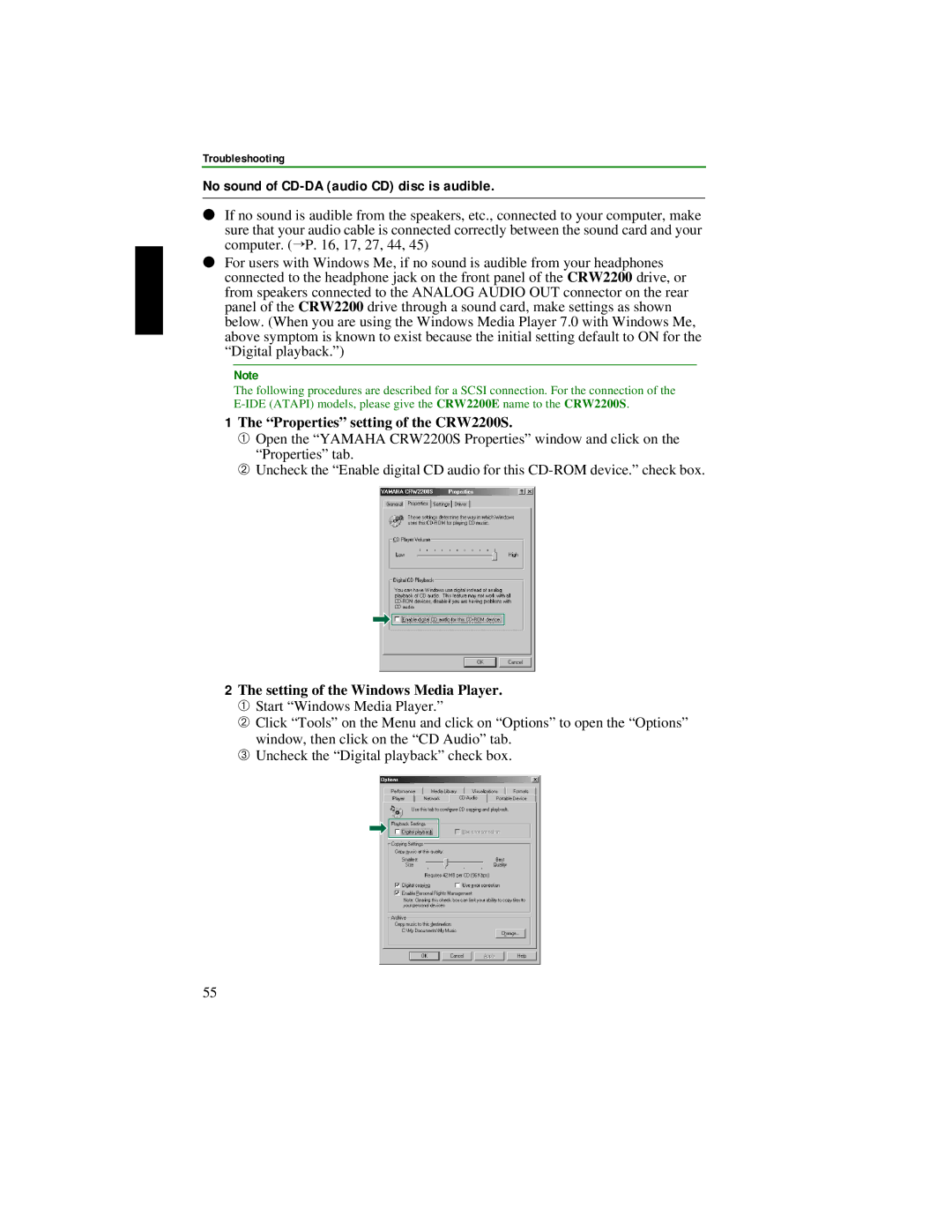 Yamaha manual Properties setting of the CRW2200S, Setting of the Windows Media Player 