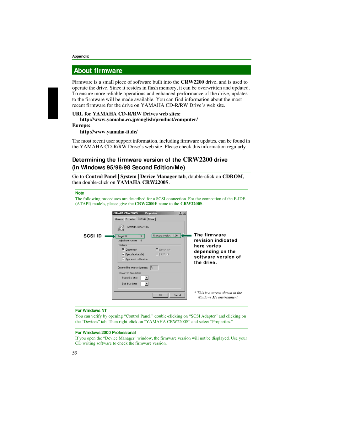 Yamaha CRW2200S manual About firmware, URL for Yamaha CD-R/RW Drives web sites Europe 