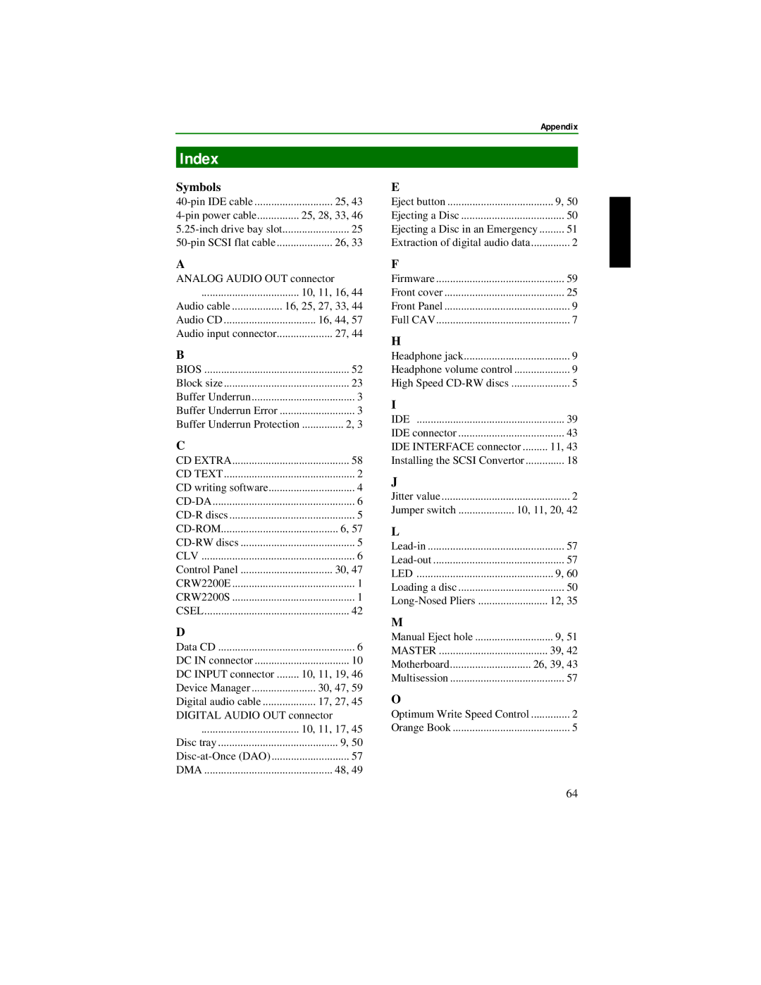 Yamaha CRW2200S manual Index, Symbols 