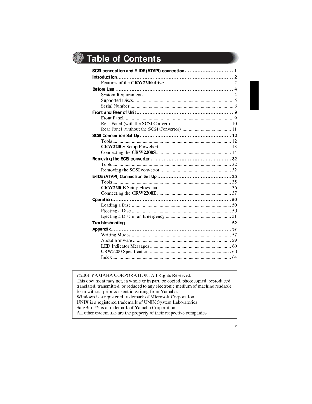 Yamaha CRW2200S manual Table of Contents 