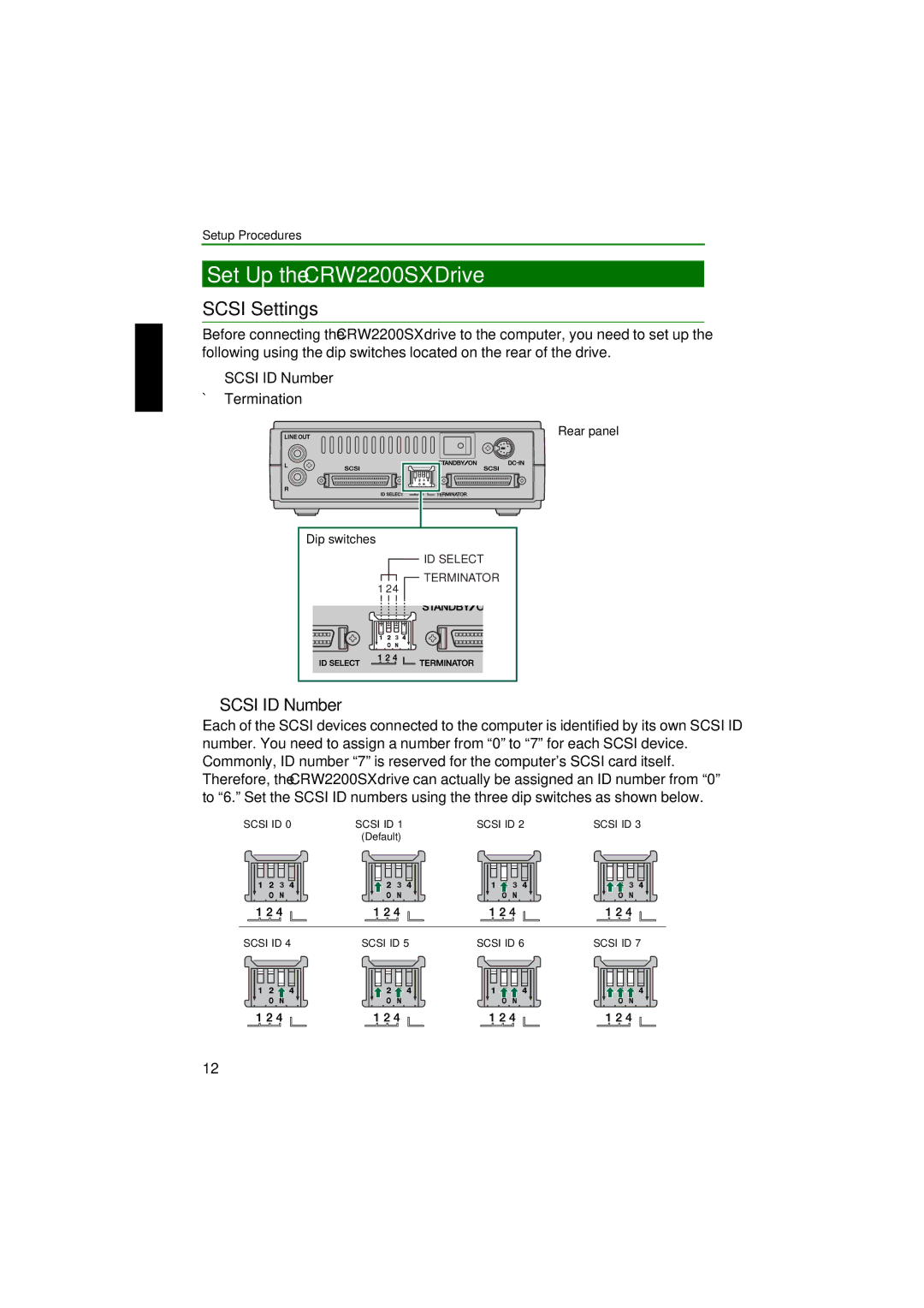 Yamaha manual Set Up the CRW2200SX Drive, Scsi Settings, ➀ Scsi ID Number 