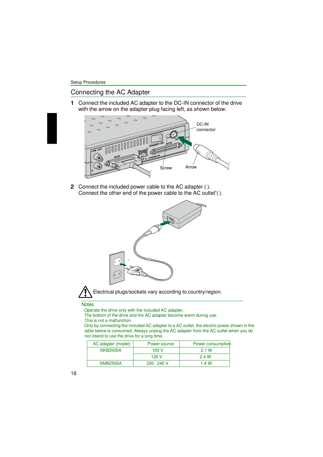 Yamaha CRW2200SX manual Connecting the AC Adapter, Electrical plugs/sockets vary according to country/region 