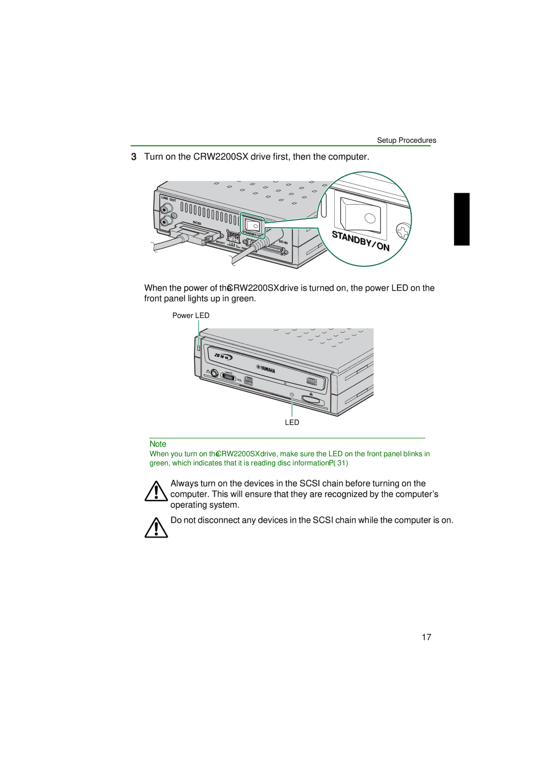 Yamaha manual Turn on the CRW2200SX drive first, then the computer, Led 