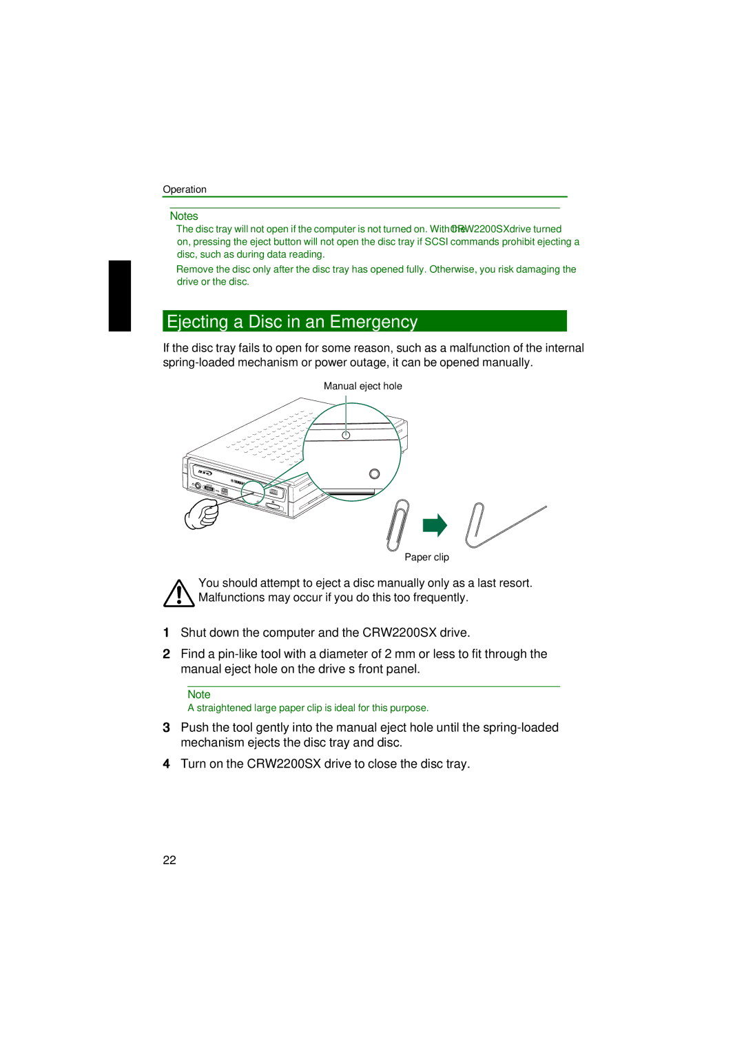 Yamaha CRW2200SX manual Ejecting a Disc in an Emergency, Operation 