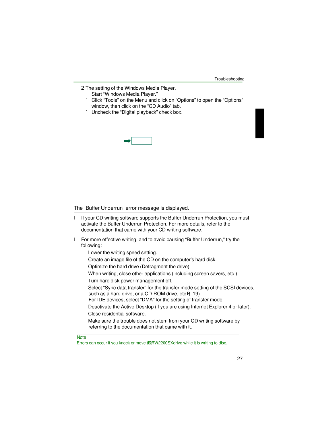 Yamaha CRW2200SX manual Setting of the Windows Media Player, Buffer Underrun error message is displayed 