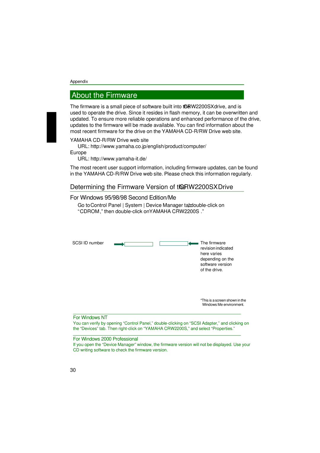 Yamaha manual About the Firmware, Determining the Firmware Version of the CRW2200SX Drive 