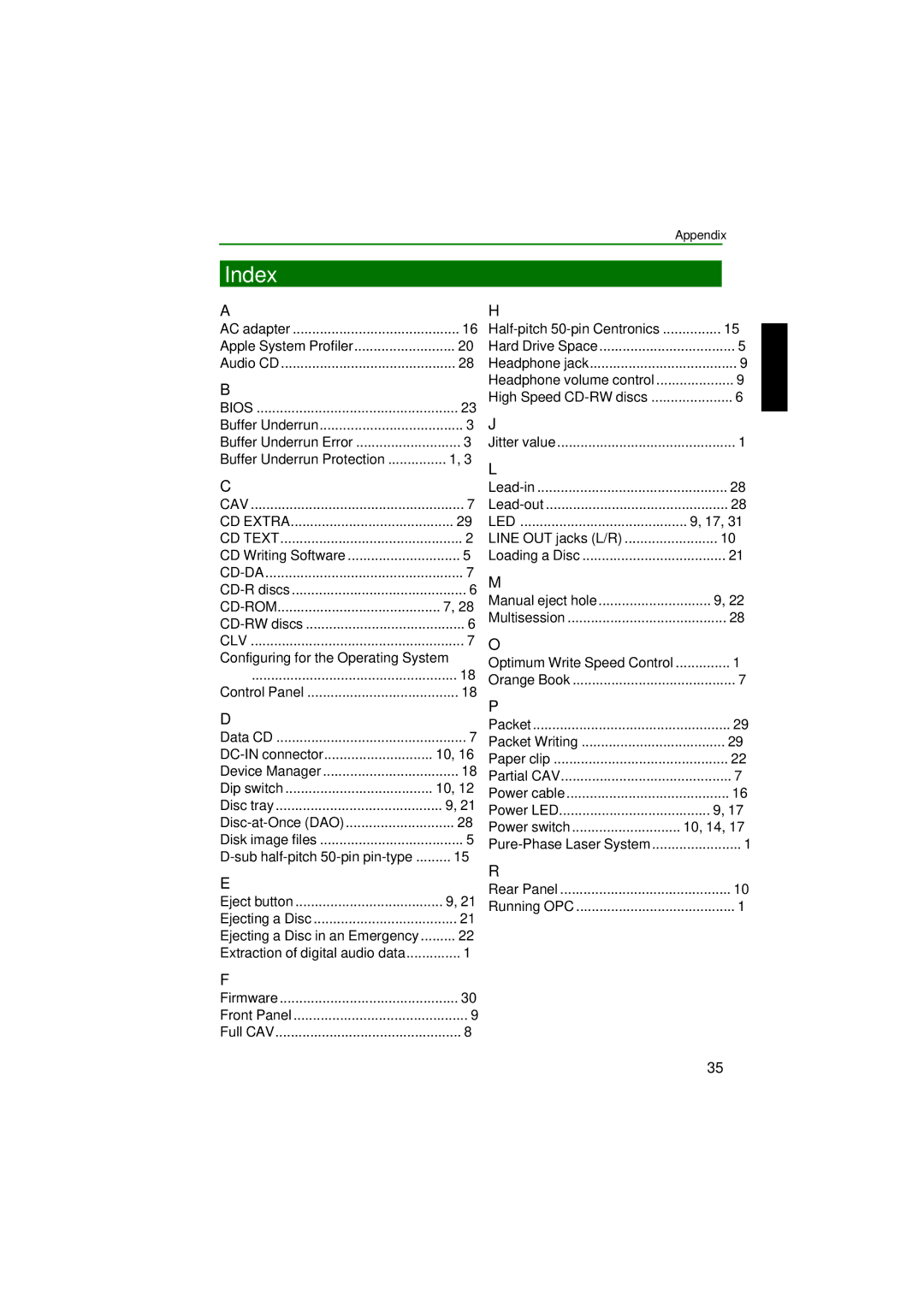 Yamaha CRW2200SX manual Index, DC-IN connector 