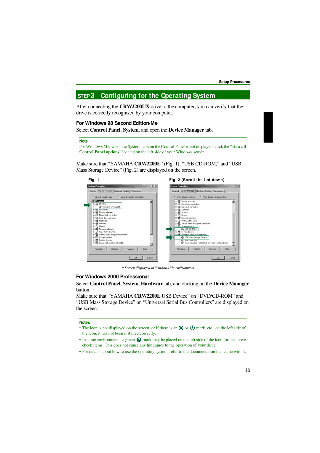 Yamaha CRW2200UX Configuring for the Operating System, For Windows 98 Second Edition/Me, For Windows 2000 Professional 