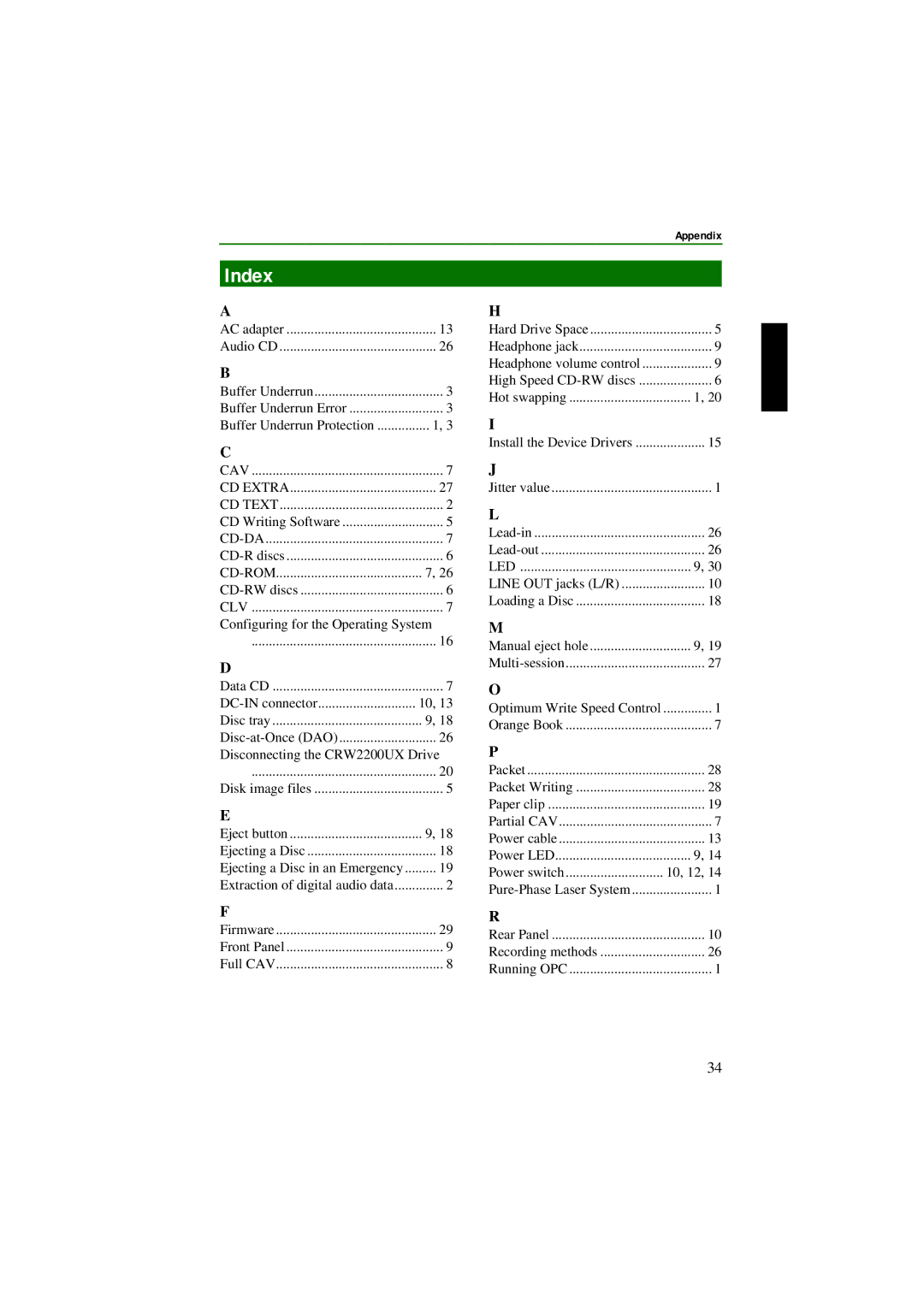 Yamaha manual Index, Disconnecting the CRW2200UX Drive 