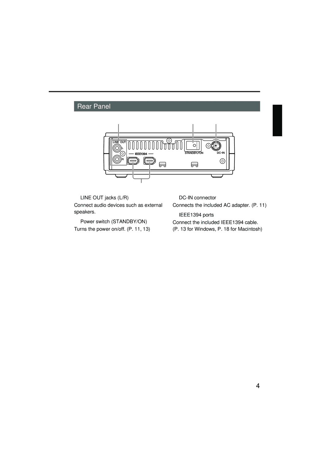 Yamaha CRW3200IX manual Rear Panel, ➀ Line OUT jacks L/R, ➁ Power switch STANDBY/ON, ➂ DC-IN connector, ➃ IEEE1394 ports 