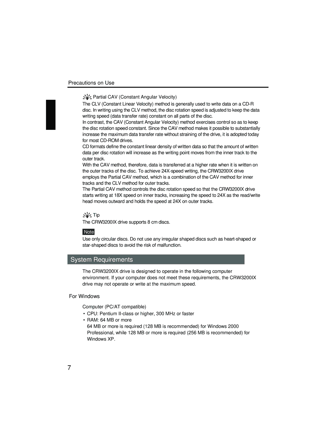 Yamaha CRW3200IX manual System Requirements, For Windows, Partial CAV Constant Angular Velocity, Computer PC/AT compatible 